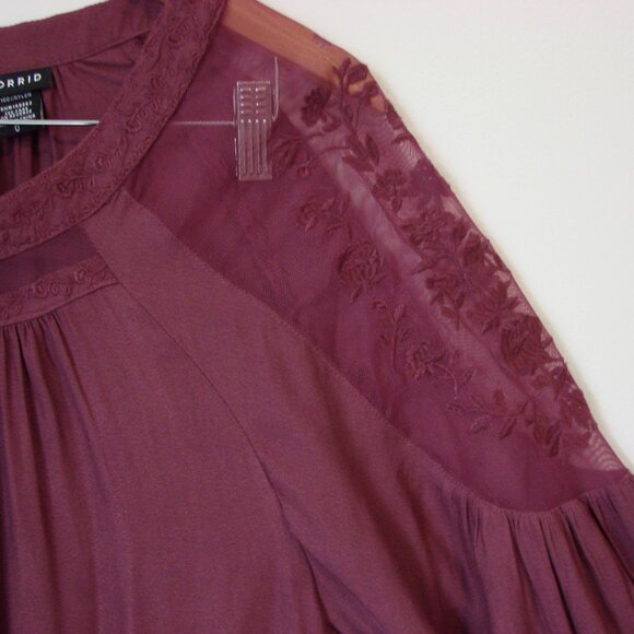 Torrid Boho Embroidered Blouse Long Sleeve Sheer Wine Burgundy Size 0 12 Large - Picture 5 of 13